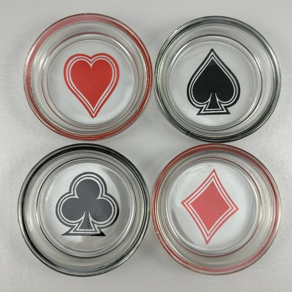 Set/4 Federal Glass Coasters Playing Card Suits 1950's MCM Poker Ash Tray Vtg